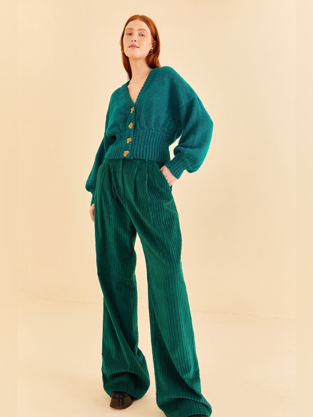 Farm Rio Women's Emerald Green Wide Leg Corduroy Pants XL NWT